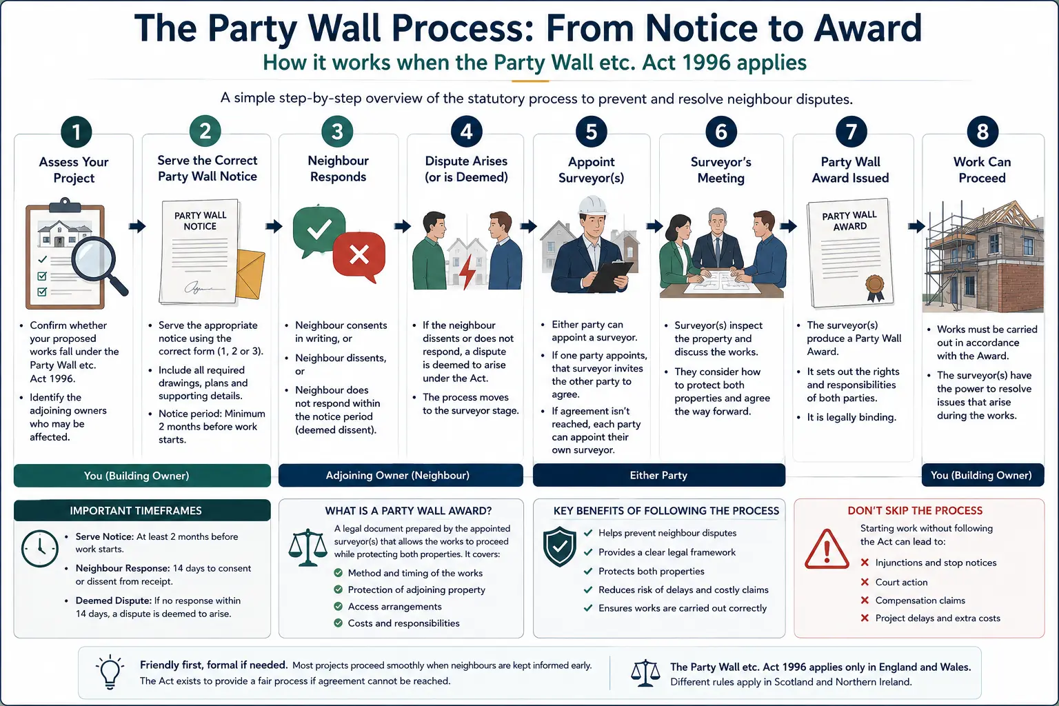 Do I Need a Party Wall Agreement? An infographic showing the party wall process from notice to award in a very interactive way for the citizens living in Maidenhead, UK