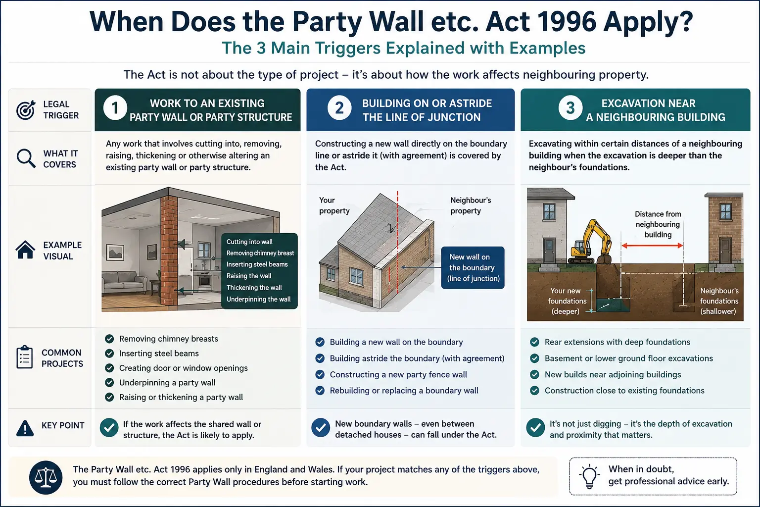 Do I Need a Party Wall Agreement? An infographic showing when does the party wall etc act 1996 apply like excavation, junction, painting, in Maidenhead, UK